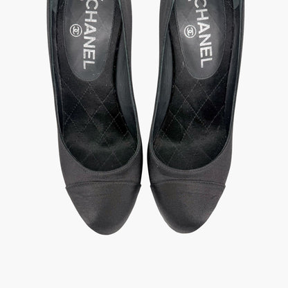 Chanel Pearl Cap Toe Pumps Black Satin Size 37.5
