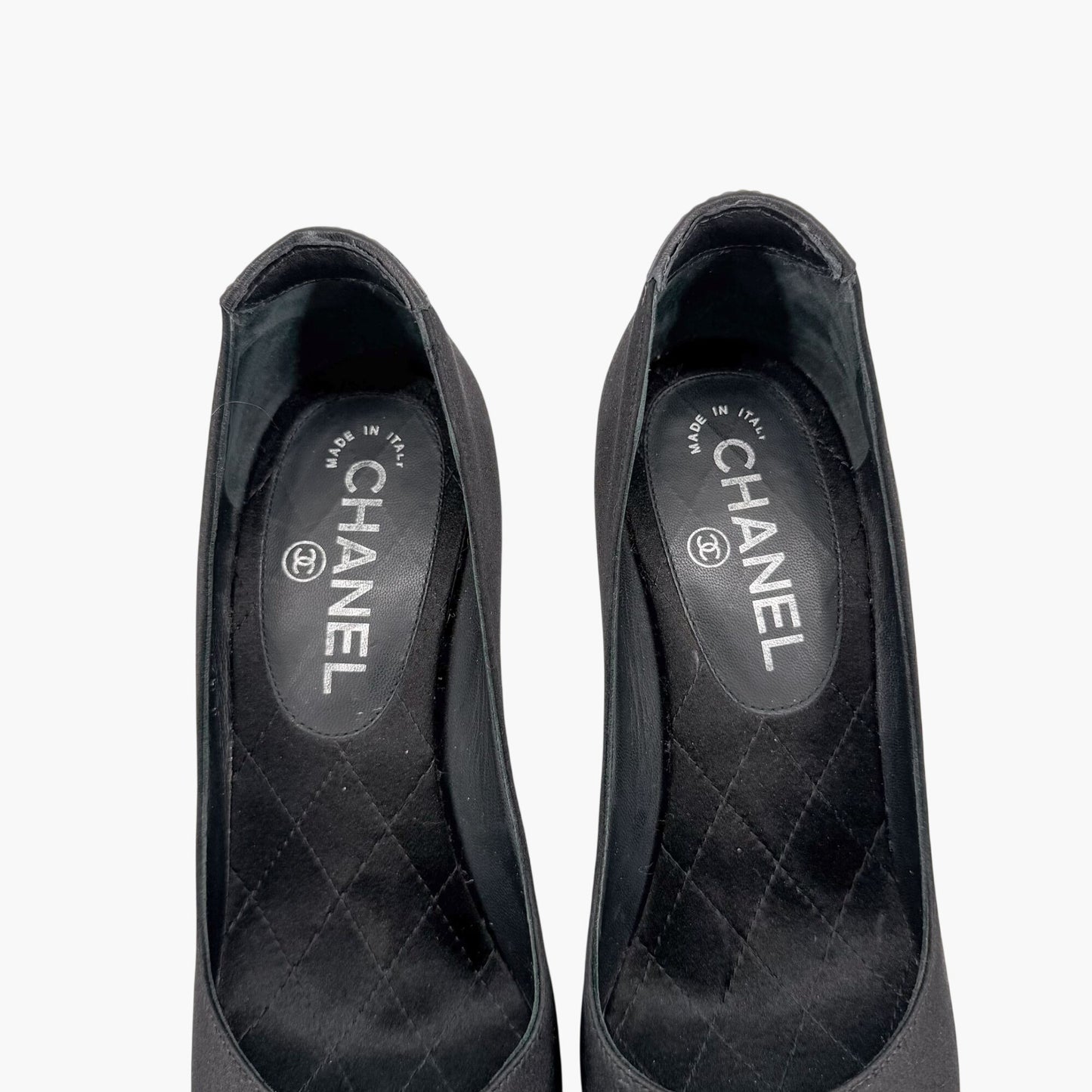 Chanel Pearl Cap Toe Pumps Black Satin Size 37.5