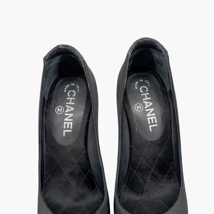Chanel Pearl Cap Toe Pumps Black Satin Size 37.5