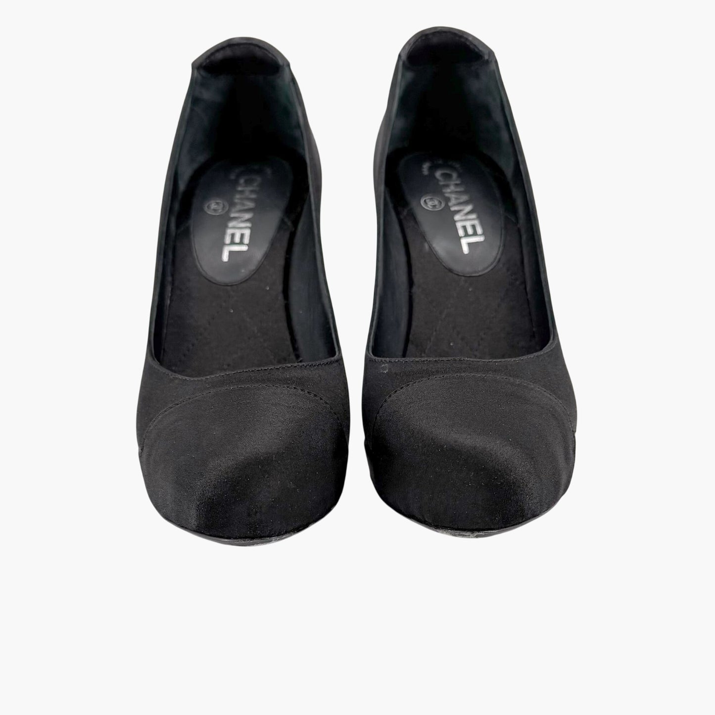 Chanel Pearl Cap Toe Pumps Black Satin Size 37.5
