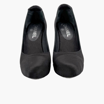 Chanel Pearl Cap Toe Pumps Black Satin Size 37.5