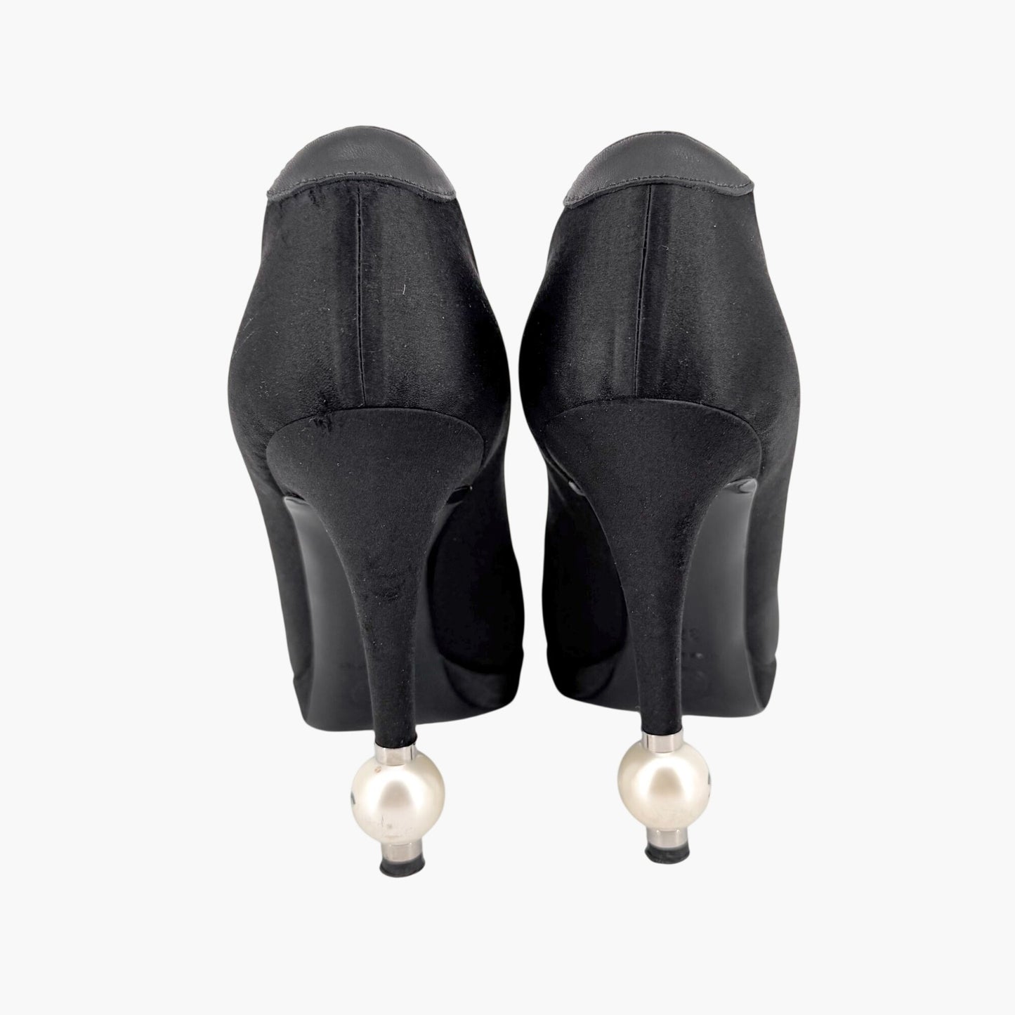 Chanel Pearl Cap Toe Pumps Black Satin Size 37.5