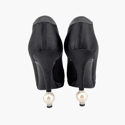 Chanel Pearl Cap Toe Pumps Black Satin Size 37.5
