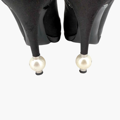 Chanel Pearl Cap Toe Pumps Black Satin Size 37.5