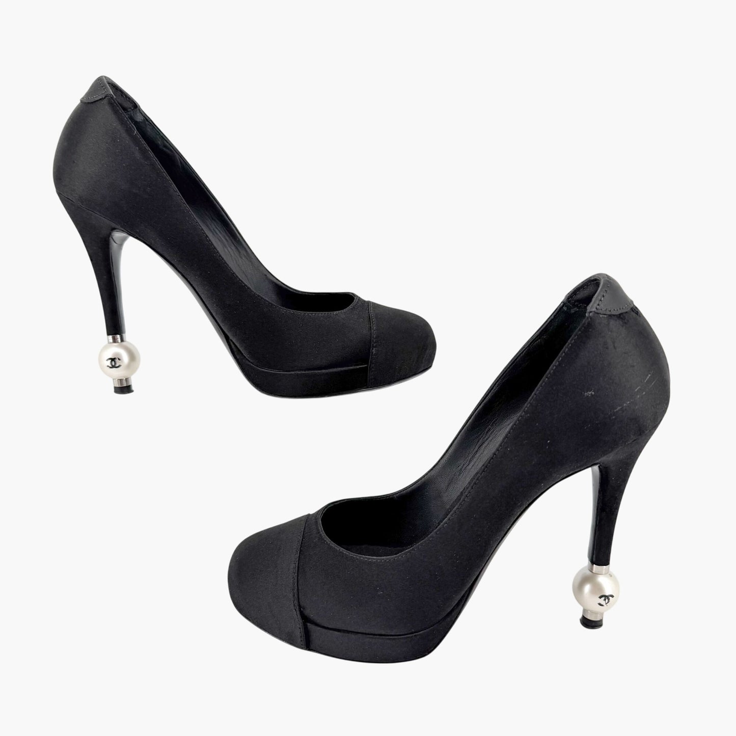 Chanel Pearl Cap Toe Pumps Black Satin Size 37.5