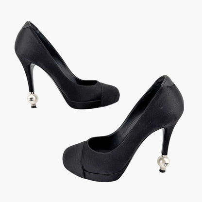 Chanel Pearl Cap Toe Pumps Black Satin Size 37.5