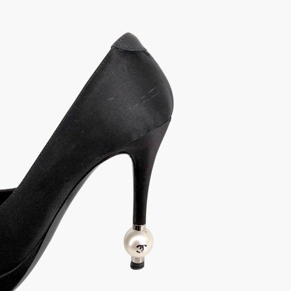 Chanel Pearl Cap Toe Pumps Black Satin Size 37.5