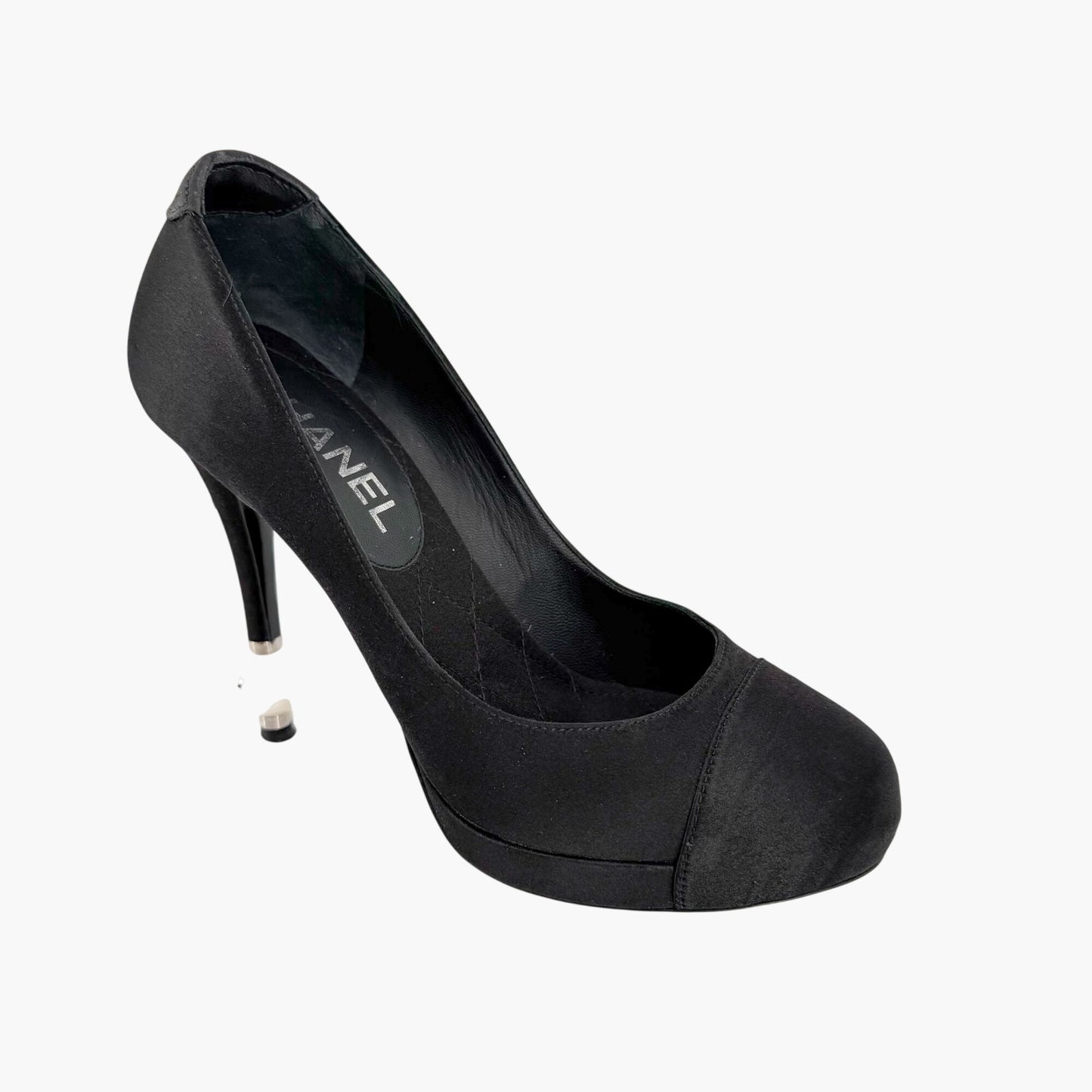 Chanel Pearl Cap Toe Pumps Black Satin Size 37.5