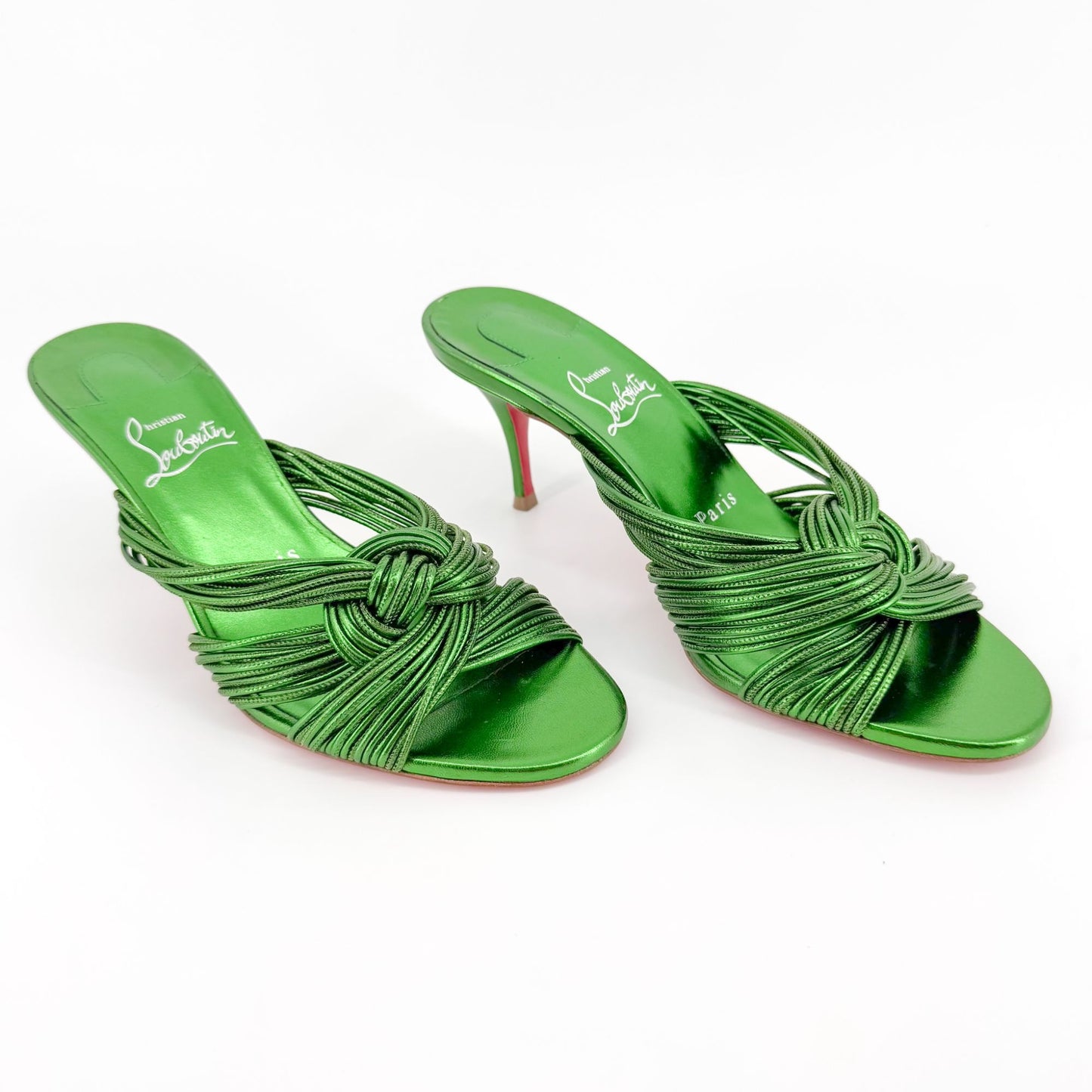 Christian Louboutin Multitaski 70 Knotted Sandals in Spinach (Metallic Green) Kid Laminato Leather Size 37