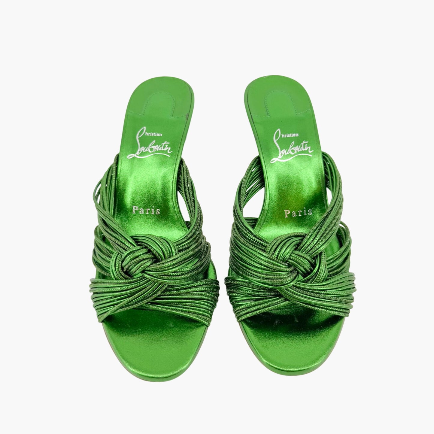 Christian Louboutin Multitaski 70 Knotted Sandals in Spinach (Metallic Green) Kid Laminato Leather Size 37