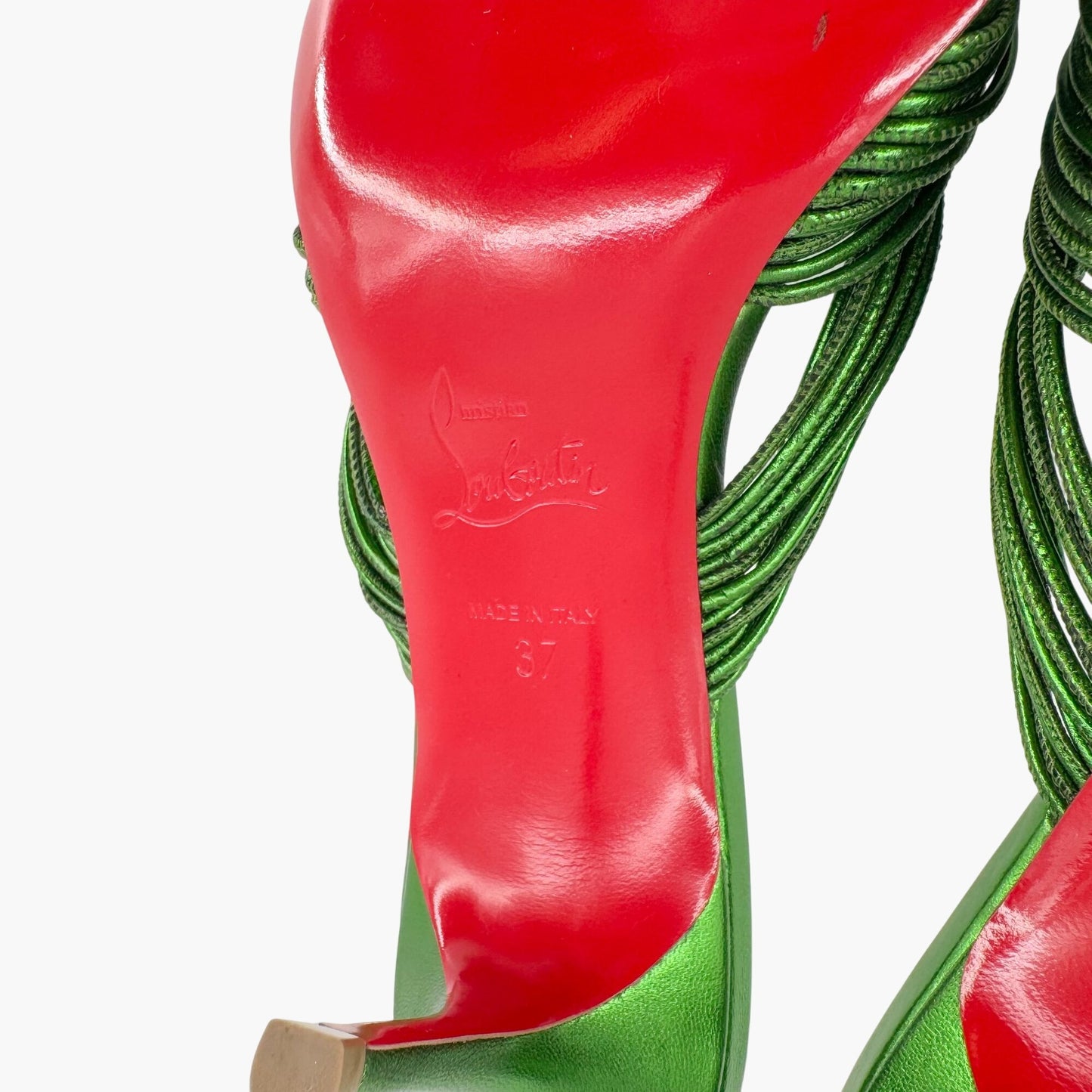 Christian Louboutin Multitaski 70 Knotted Sandals in Spinach (Metallic Green) Kid Laminato Leather Size 37