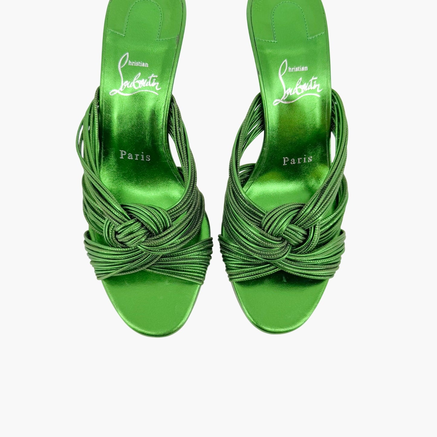 Christian Louboutin Multitaski 70 Knotted Sandals in Spinach (Metallic Green) Kid Laminato Leather Size 37