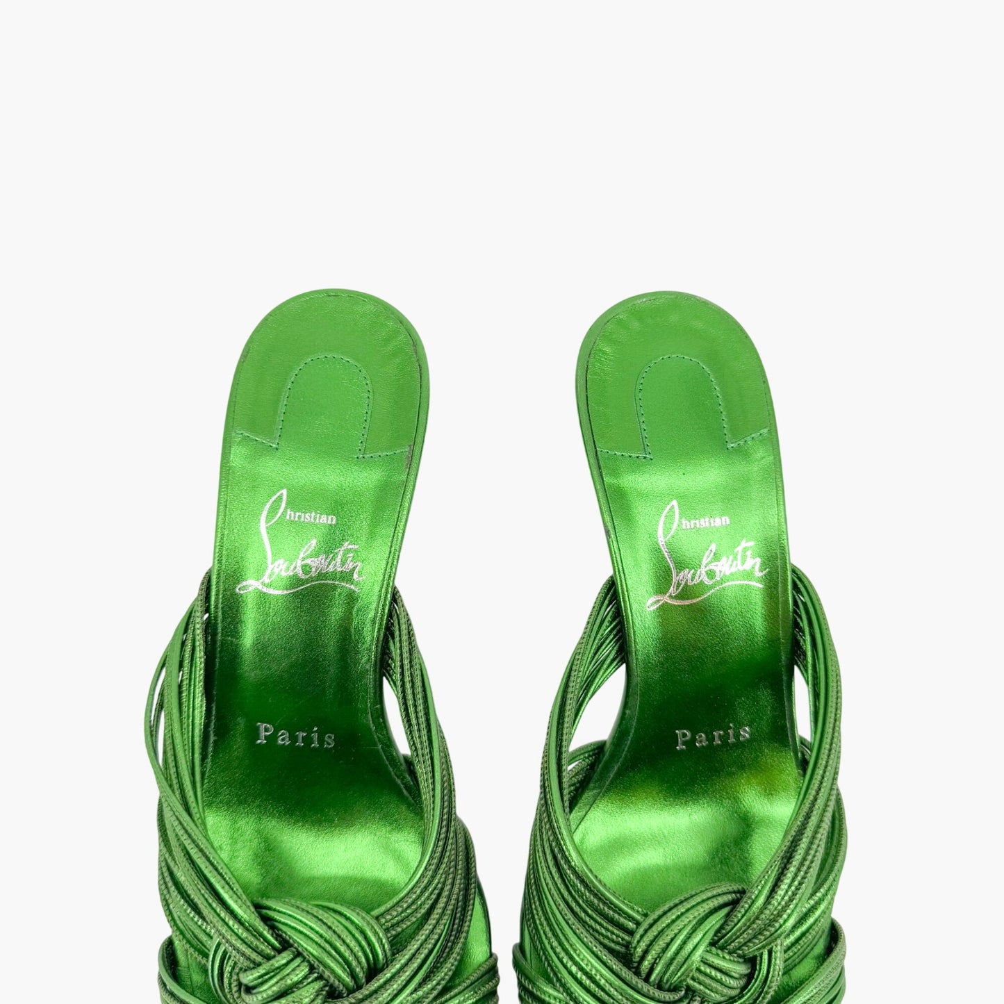 Christian Louboutin Multitaski 70 Knotted Sandals in Spinach (Metallic Green) Kid Laminato Leather Size 37