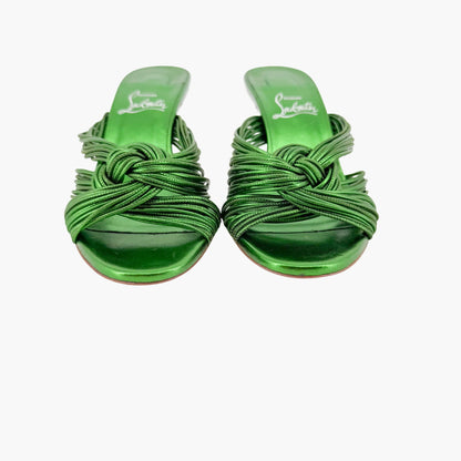 Christian Louboutin Multitaski 70 Knotted Sandals in Spinach (Metallic Green) Kid Laminato Leather Size 37