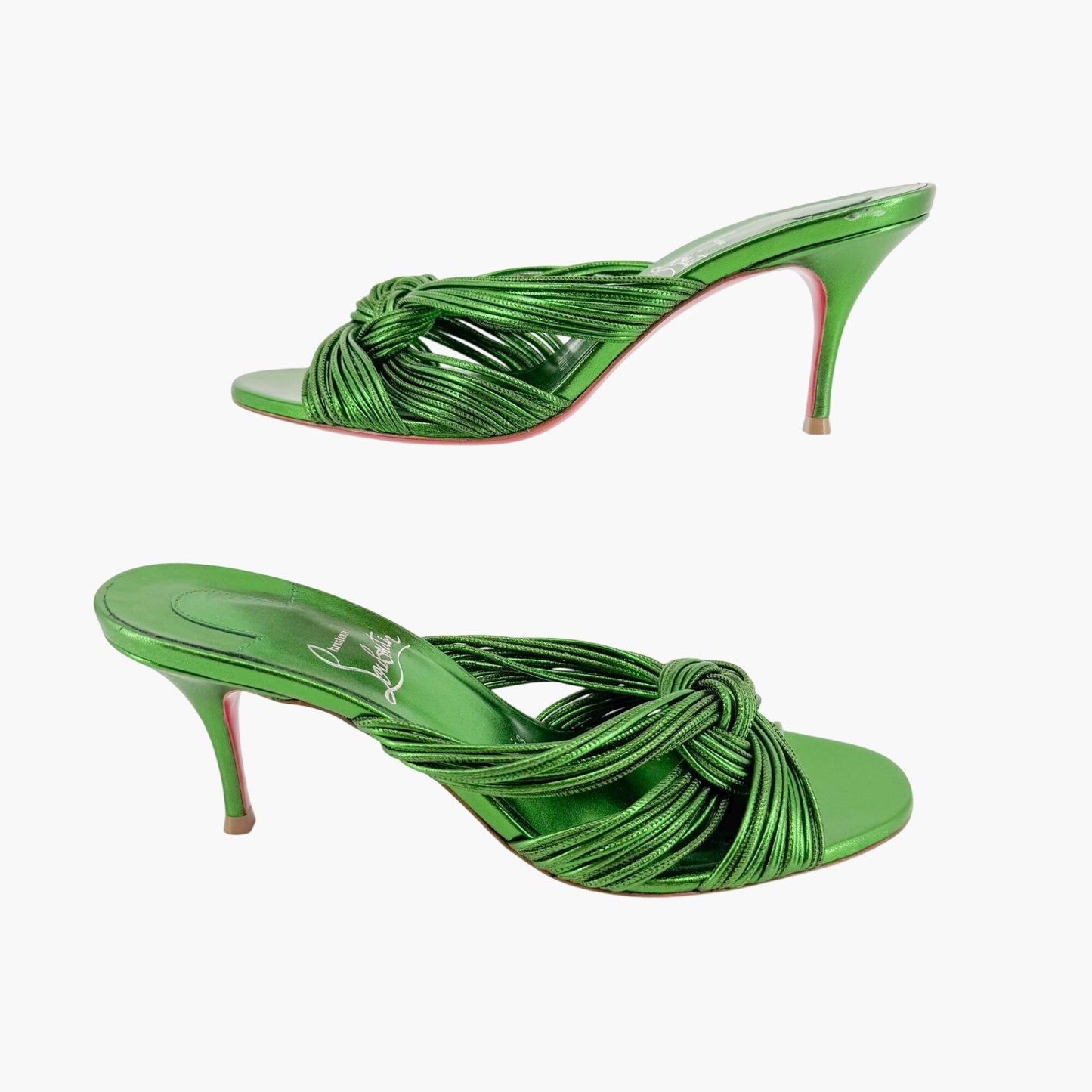 Christian Louboutin Multitaski 70 Knotted Sandals in Spinach (Metallic Green) Kid Laminato Leather Size 37