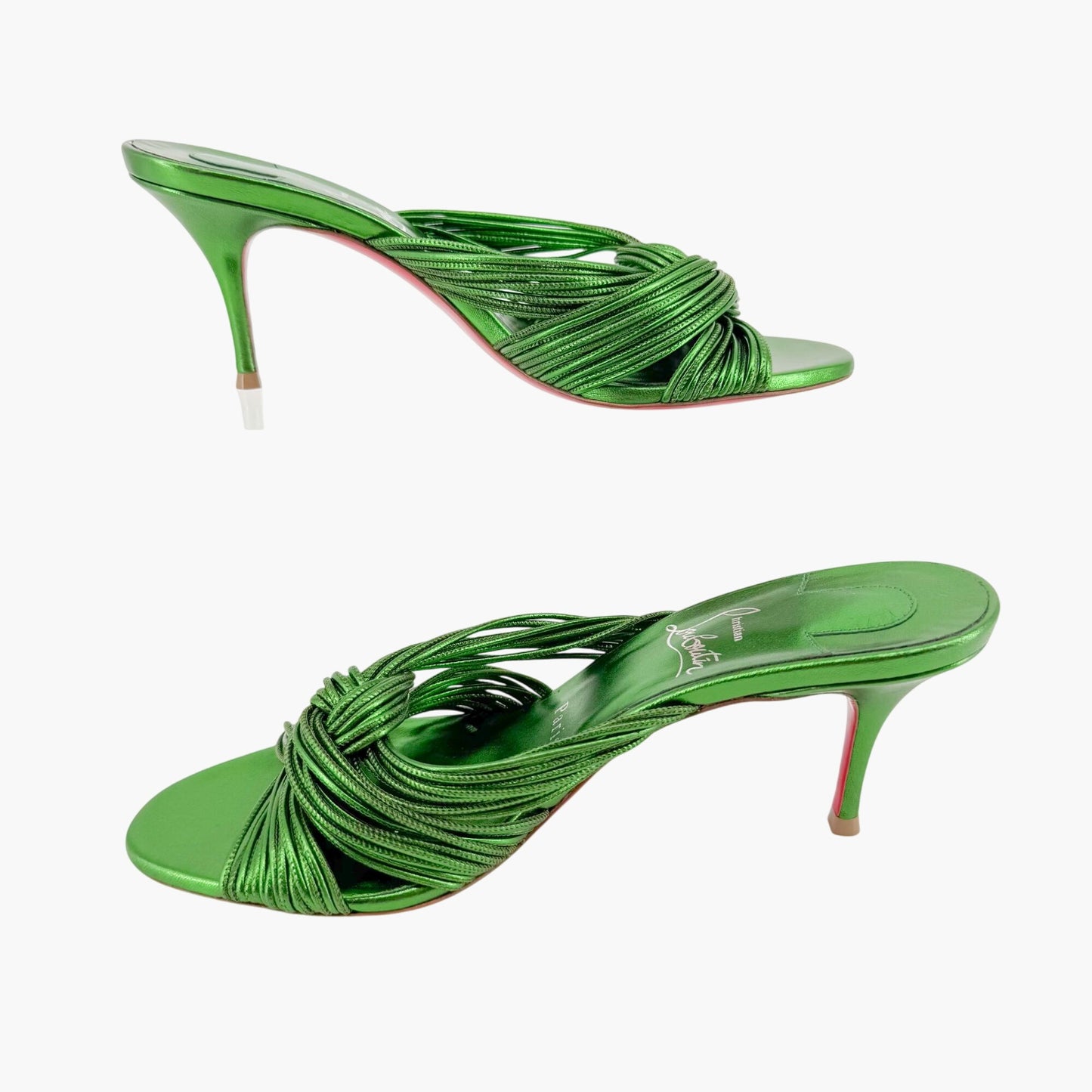 Christian Louboutin Multitaski 70 Knotted Sandals in Spinach (Metallic Green) Kid Laminato Leather Size 37