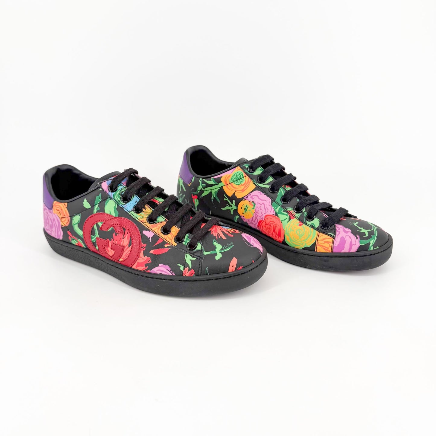 Gucci Ken Scott Ace Sneakers Black Floral GG Size 36